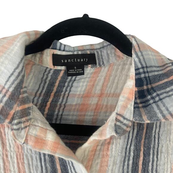 Sanctuary Women's Size Small Blue Pink Plaid Button Up Gauze Short Sleeve Tie - Picture 4 of 9